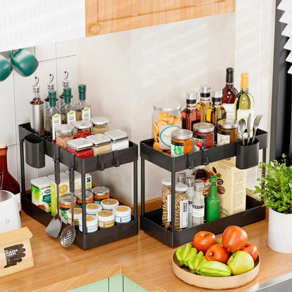 2 Tier carbon steel pull-out storage rack for kitchen and home organization