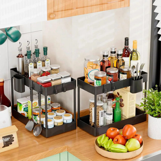 2 Tier carbon steel pull-out storage rack for kitchen and home organization