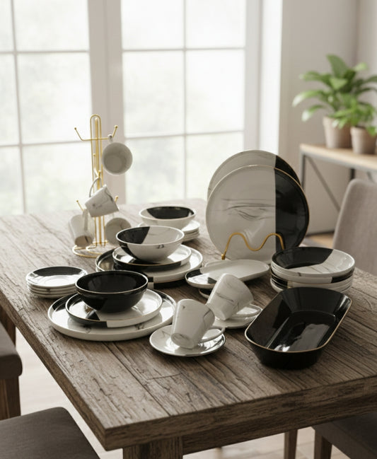 39 piece Double glaze European porcelain dinnerware set with plates bowls mugs and platters.