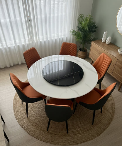 6-Deater Round dining table with marble top and six chairs.
