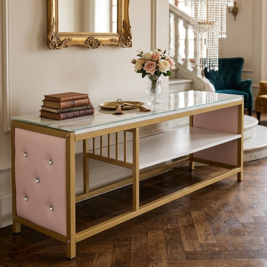 Glass Top TV Stand with Gold Frame