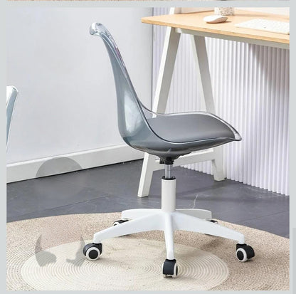 Transparent acrylic swivel office chair with adjustable height and modern design.