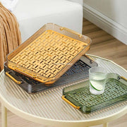 Clear acrylic décor tray for organizing, displaying, and serving items in home spaces.