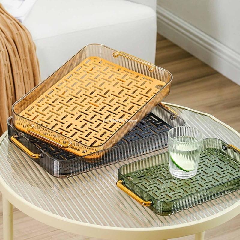 Clear acrylic décor tray for organizing, displaying, and serving items in home spaces.
