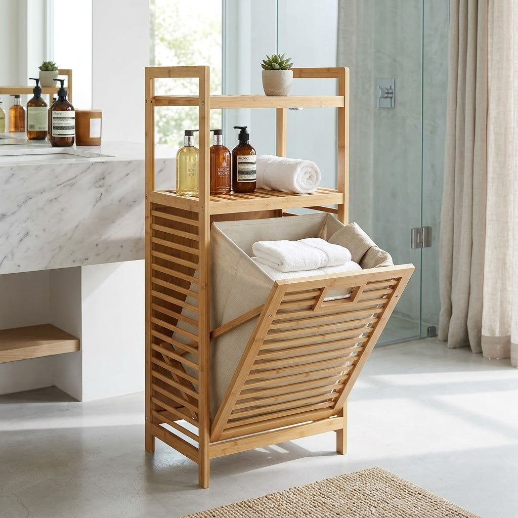 95 × 40 × 31 cm Bamboo Laundry Hamper with Storage Shelves