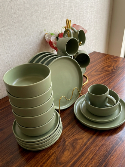 24-Piece green tea set with cups, bowls, side plates, and dinner plates