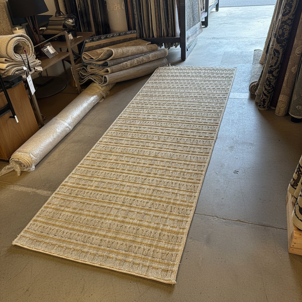 Dawood Lifestyle & Gadgets ke Timeless T21 beige woven corridor runner rug with 3D brick textured block pattern and bound edges