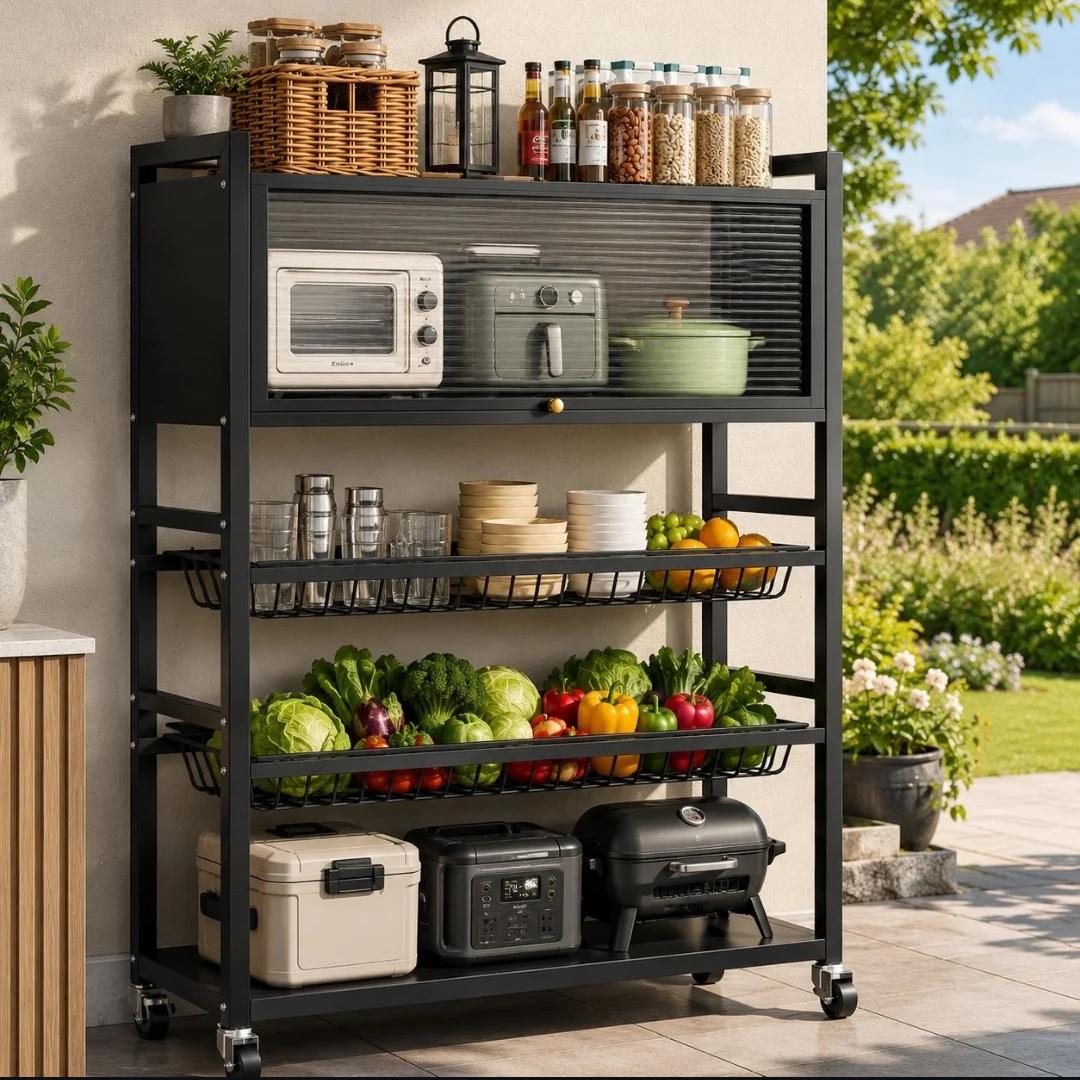 3 Layer Kitchen Storage Rack with Cabinet and Wheels
