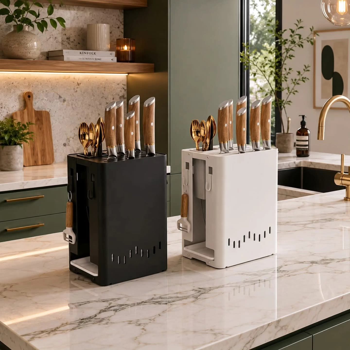 Multifunctional kitchen knife block organizer with ventilated slots and removable draining tray in black or white.