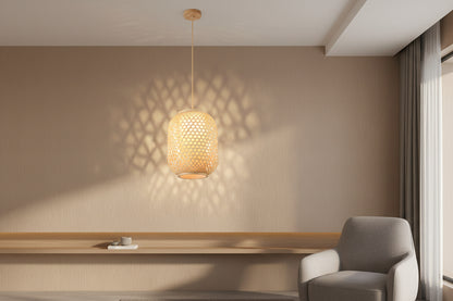 Tall wood color bamboo pendant light with E27 holder, natural ceiling hanging lamp for modern interior décor