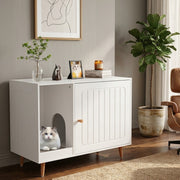 Multifunctional pet furniture serving as a cat house, litter box enclosure, and side table.