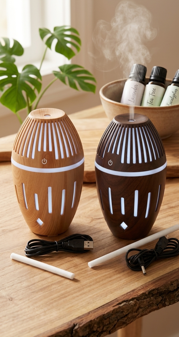 USB ultrasonic aroma air humidifier with wood grain finish for cool mist and essential oil diffusion
