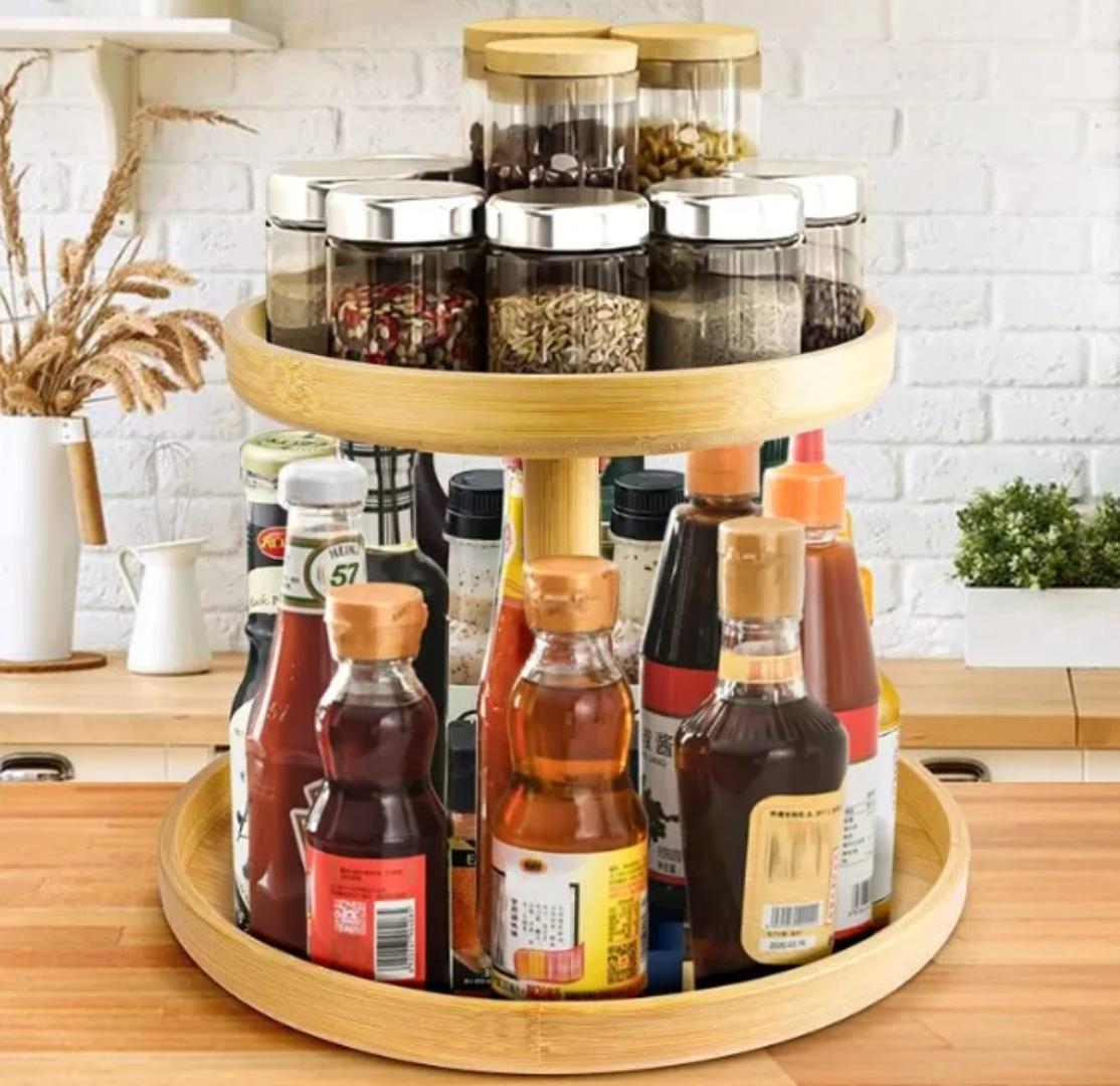 Bamboo Double Layer Rotating Kitchen  Rack