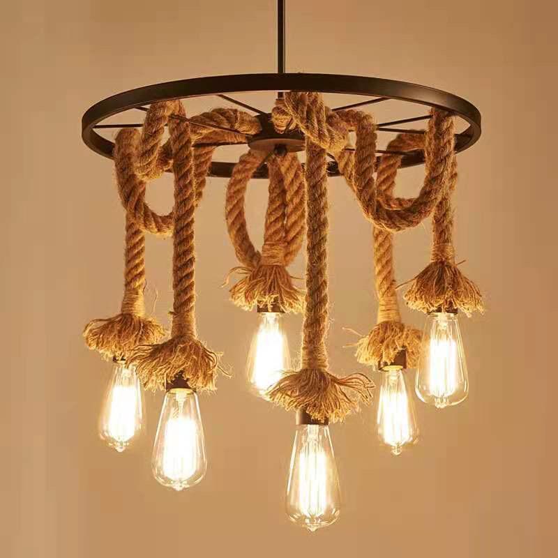 Vintage Chandelier, Hemp Rope Wheel 6 Bulb
