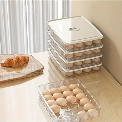 Clear 24 grid egg holder with lid for refrigerator storage.