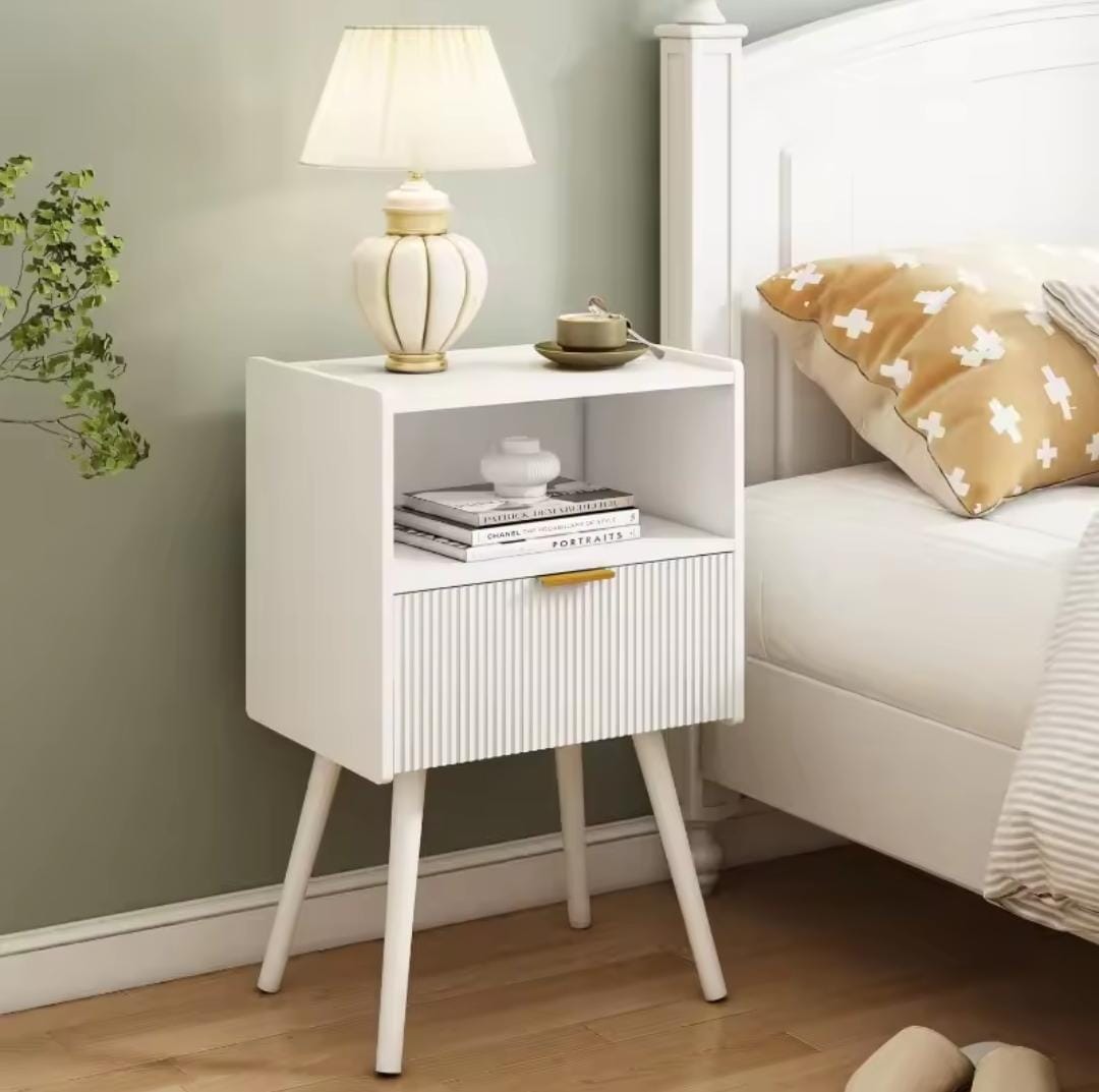 White Nightstand with Storage Drawer and Open Wood Shelf