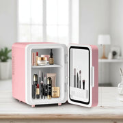 4L portable beauty car fridge with mirror, dual DC/AC power, available in white and pink