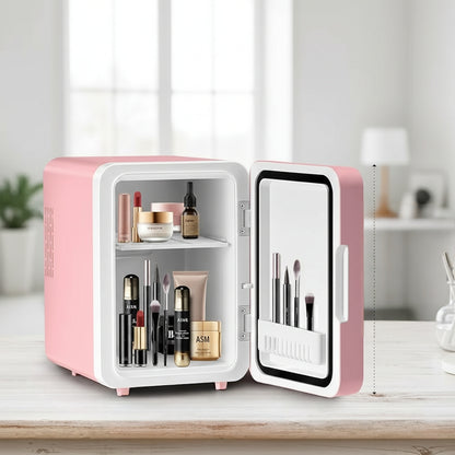 4L portable beauty car fridge with mirror, dual DC/AC power, available in white and pink