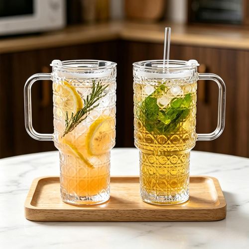 2 Piece Ribbed Borosilicate Glass Tumbler Set with Lids and Straws