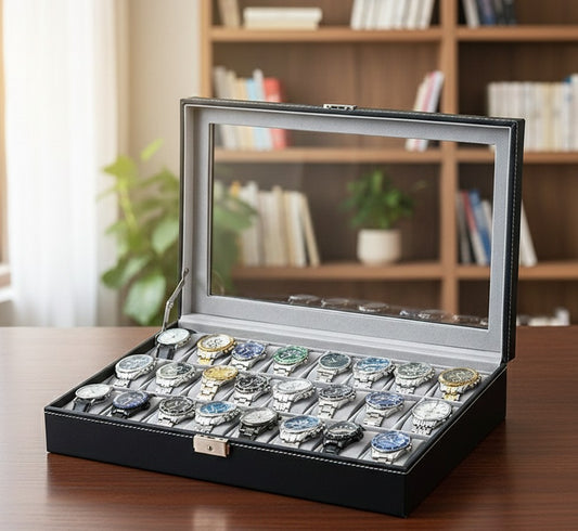 Vintage-style 24-slot watch organizer box for storing and displaying watches