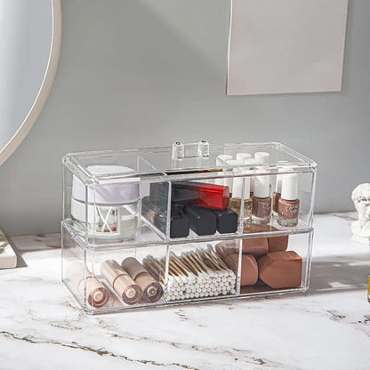 Transparent acrylic cosmetic storage box for cotton pads and swabs.