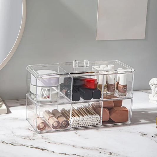 Transparent acrylic cosmetic storage box for cotton pads and swabs.