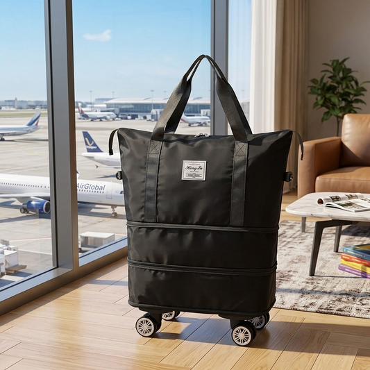 Foldable travel bag with wheels and expandable storage for easy travel, shopping, and everyday use