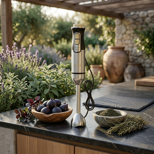 Hand blender for blending soups, sauces, and smoothies in kitchen containers