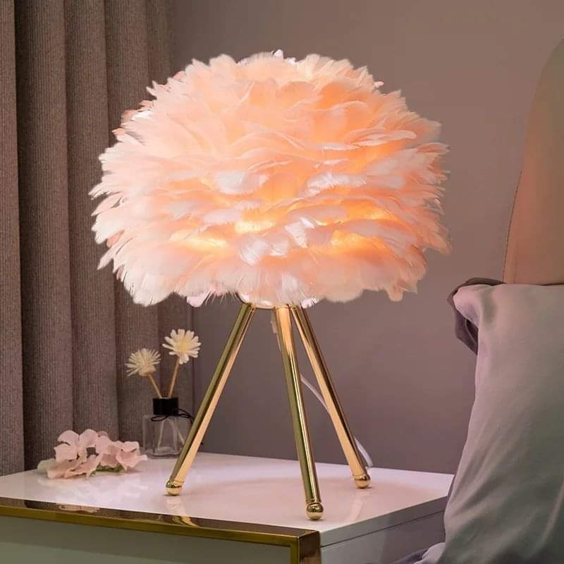 LED modern feather night light bedside lamp with gold or black stand for kids’ bedrooms and living spaces