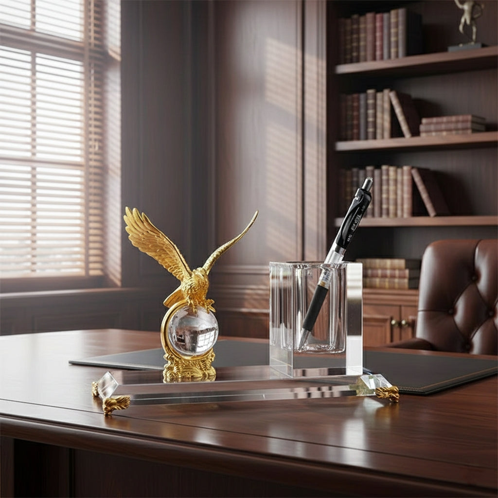 Gold desktop globe with crystal pen holder set for office or home décor.