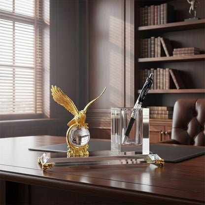 Gold desktop globe with crystal pen holder set for office or home décor.