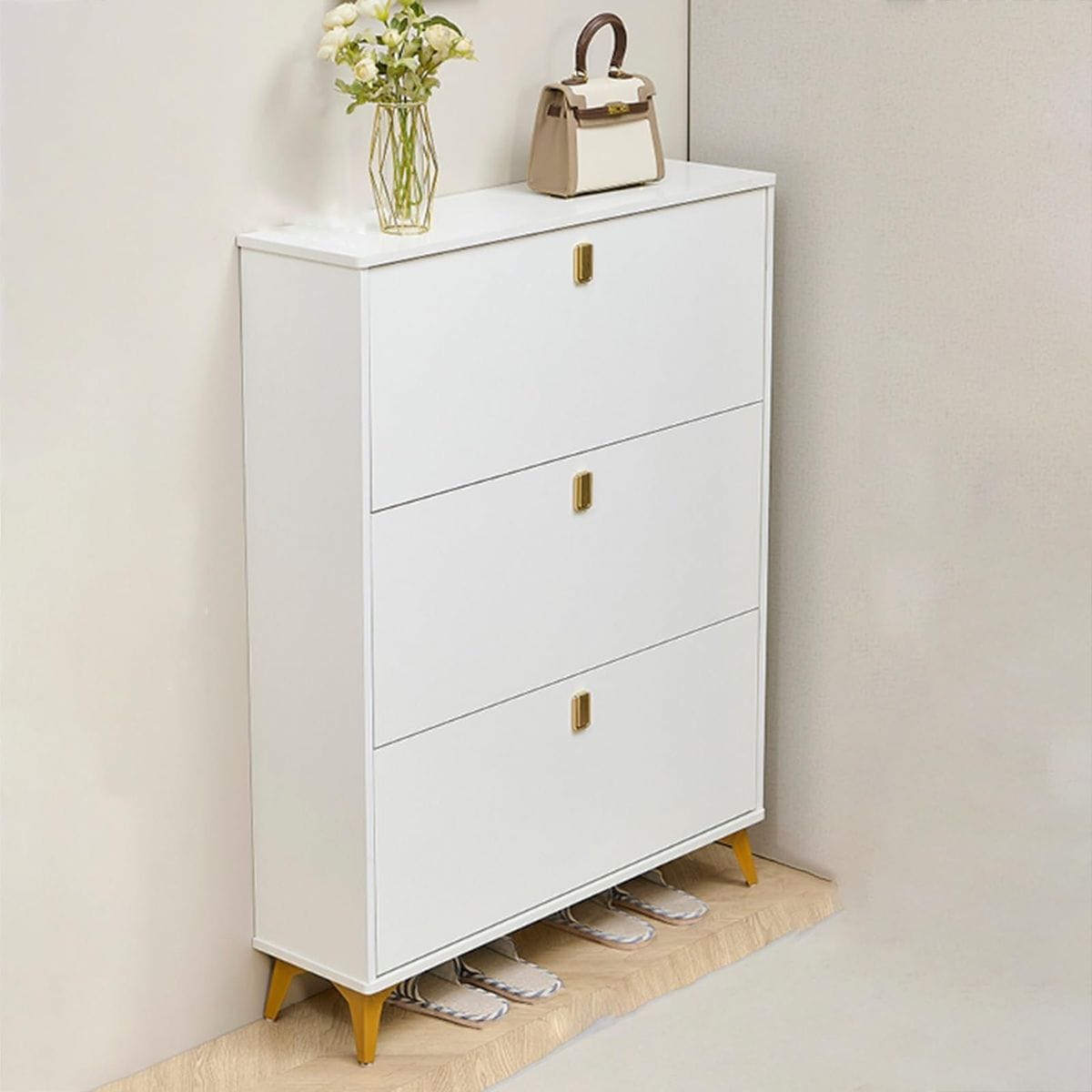 Modern bucket flip shoe cabinet measuring 80cm by 120cm by 24cm