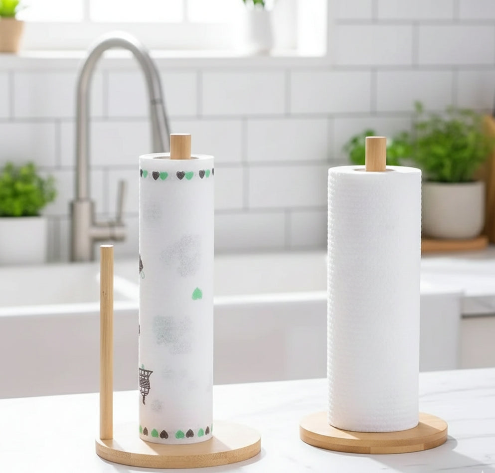 Wooden kitchen towel holder with upright stand.