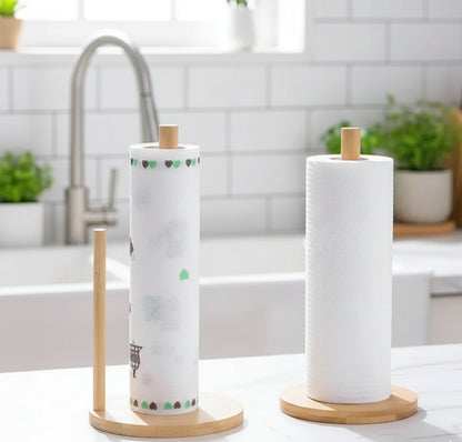 Wooden kitchen towel holder with upright stand.