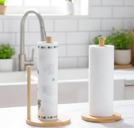 Wooden kitchen towel holder with upright stand.