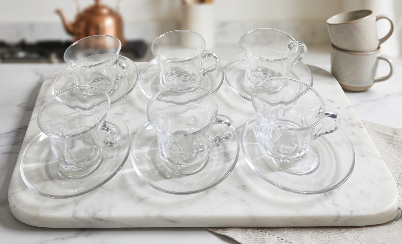 Clear glass cup with matching saucer for tea or coffee