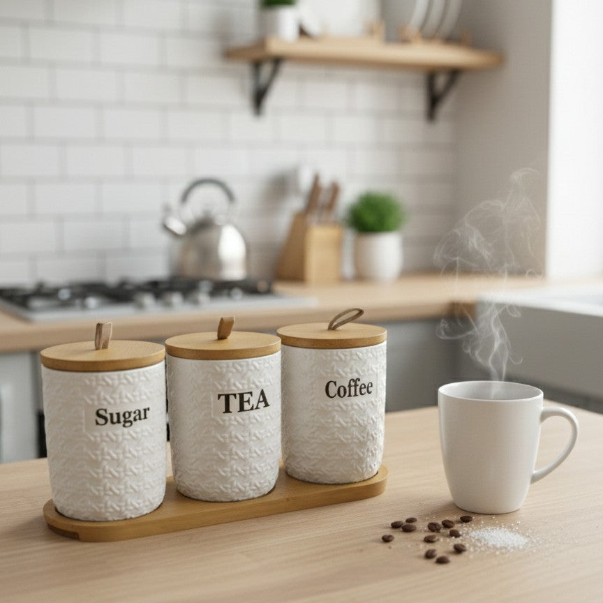 3Pcs Ceramic Storage Canister Set With Bamboo Lids