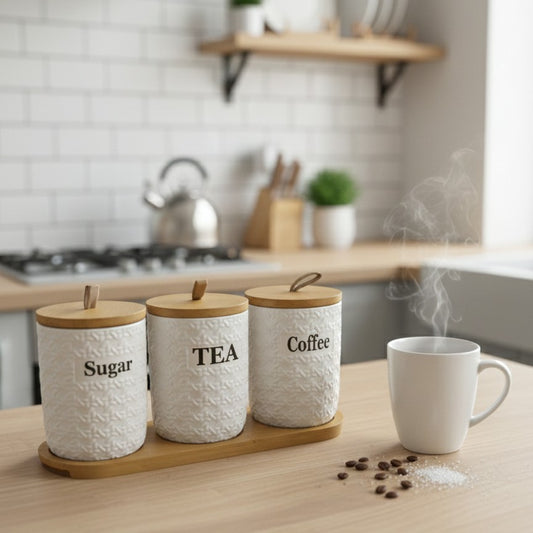 3Pcs Ceramic Storage Canister Set With Bamboo Lids