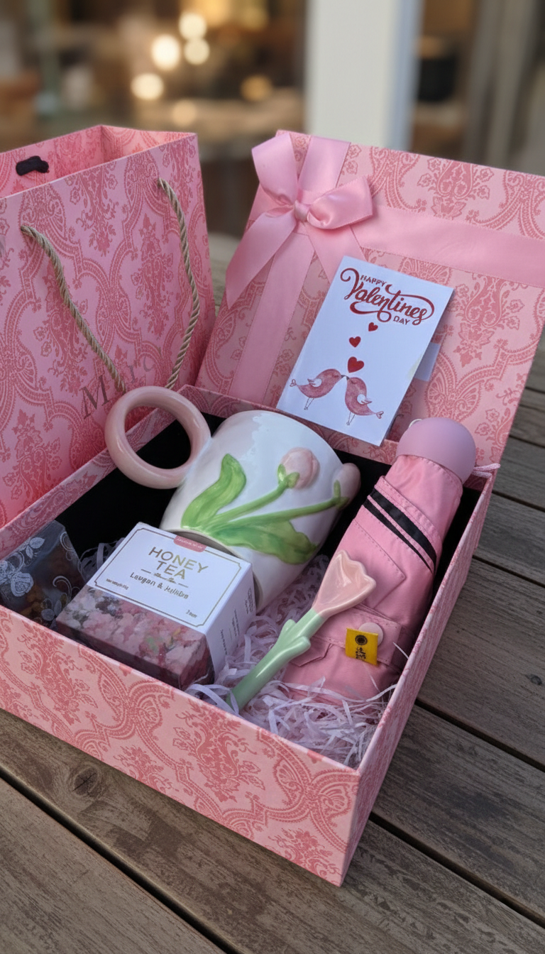 Valentines ladies gift set with floral mug, spoon, umbrella, honey tea bags, and gift bag.