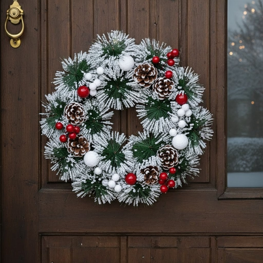 Snowy Christmas Wreath With Pine Cones And Berries