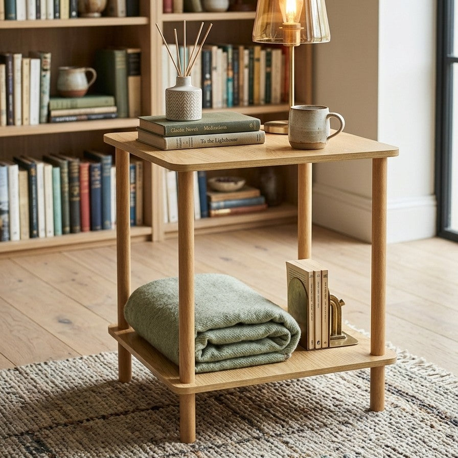 Brown wooden multifunctional bedside table with storage shelf for bedroom and living room use. 