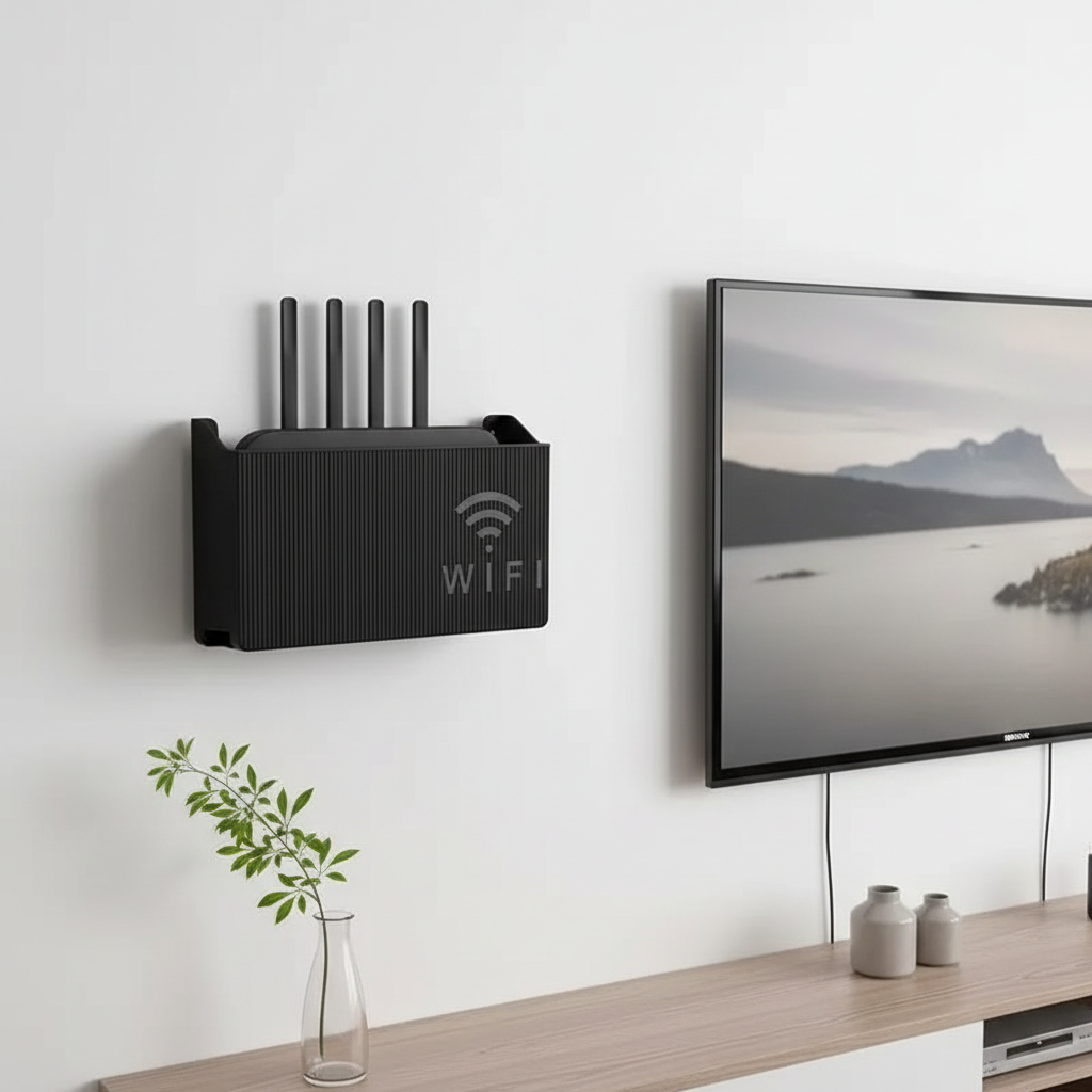 Wall mounted WiFi router storage box in white and black measuring 14 × 24.5 × 6cm