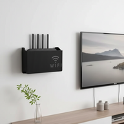 Wall mounted WiFi router storage box in white and black measuring 14 × 24.5 × 6cm