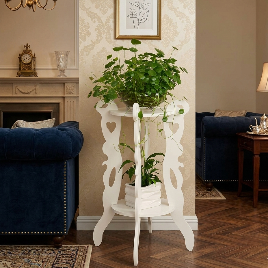 Large white 3 legged 2 layer decorative table for modern home and office décor