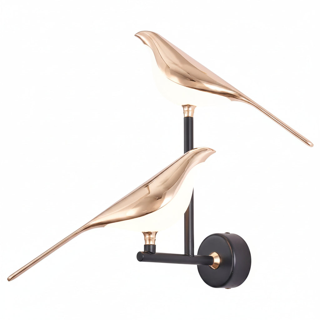 Dawood Lifestyle & Gadgets kes rose gold bird LED wall lamp featuring two illuminated birds on a matte black wall sconce for modern luxury interior décor.