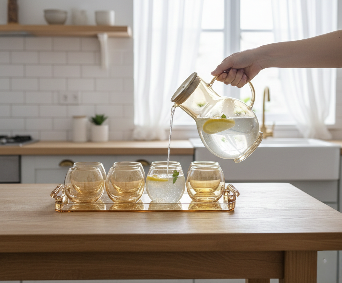 Gold 8-piece water set with 2-litre jug, six 280ml glasses, and acrylic tray.