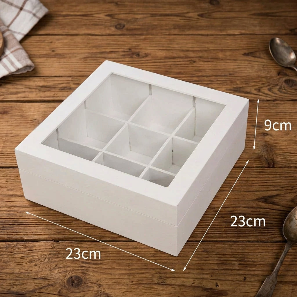 23 × 23 × 9cm White Bamboo Tea Bag Organiser with 9 Compartments