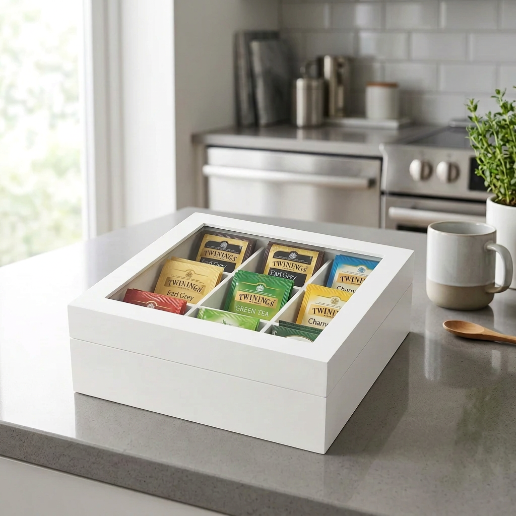 23 × 23 × 9cm White Wooden Tea Bag Organiser with 9 Compartments for Tea Bags, Jewellery and Accessories available in Nairobi, Kenya