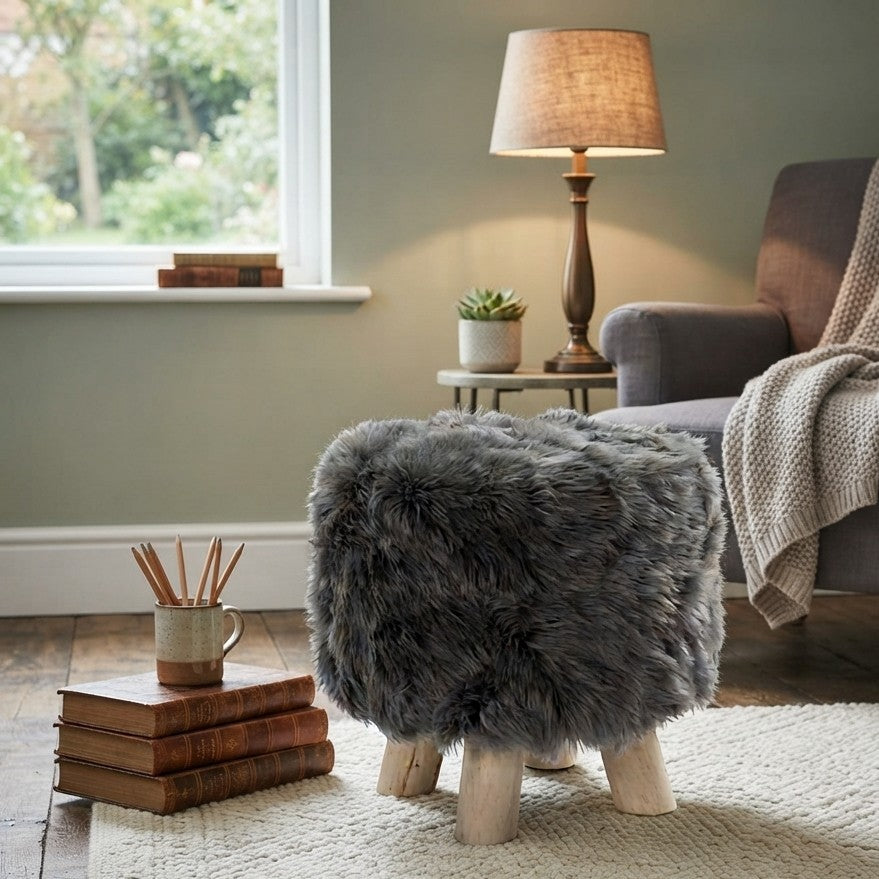 30 cm faux fur stool with removable washable cover, available in white and grey for bedroom, living room, and vanity use.