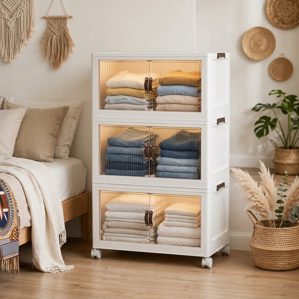 3-Tier Foldable Storage Cabinet with Magnetic Doors and Wheels 76cm